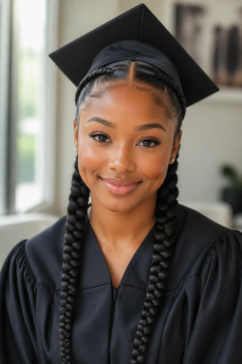 Close-up of sleek center-part graduation braids on a real graduate under natural window light