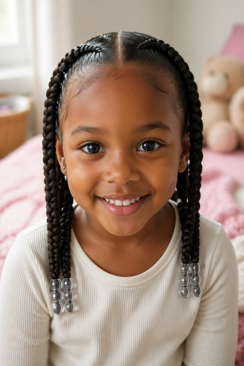 Close-up of a real child with center-part beaded braids and clear beads