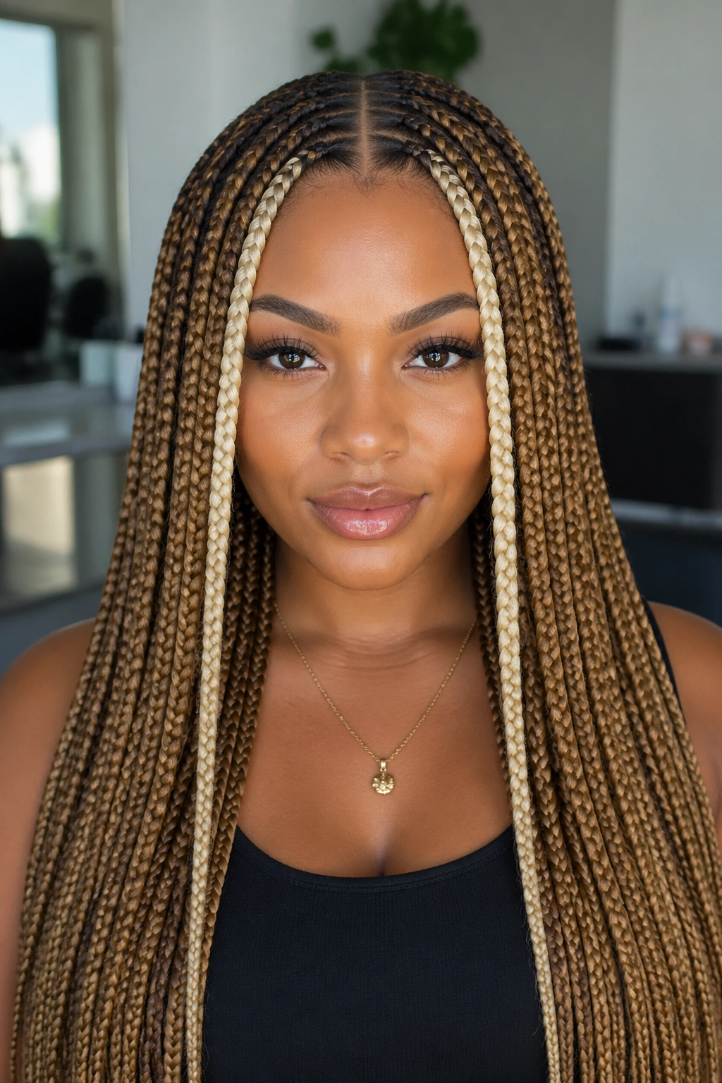 Close-up of a real person with center-part knotless braids and bright money pieces at the front