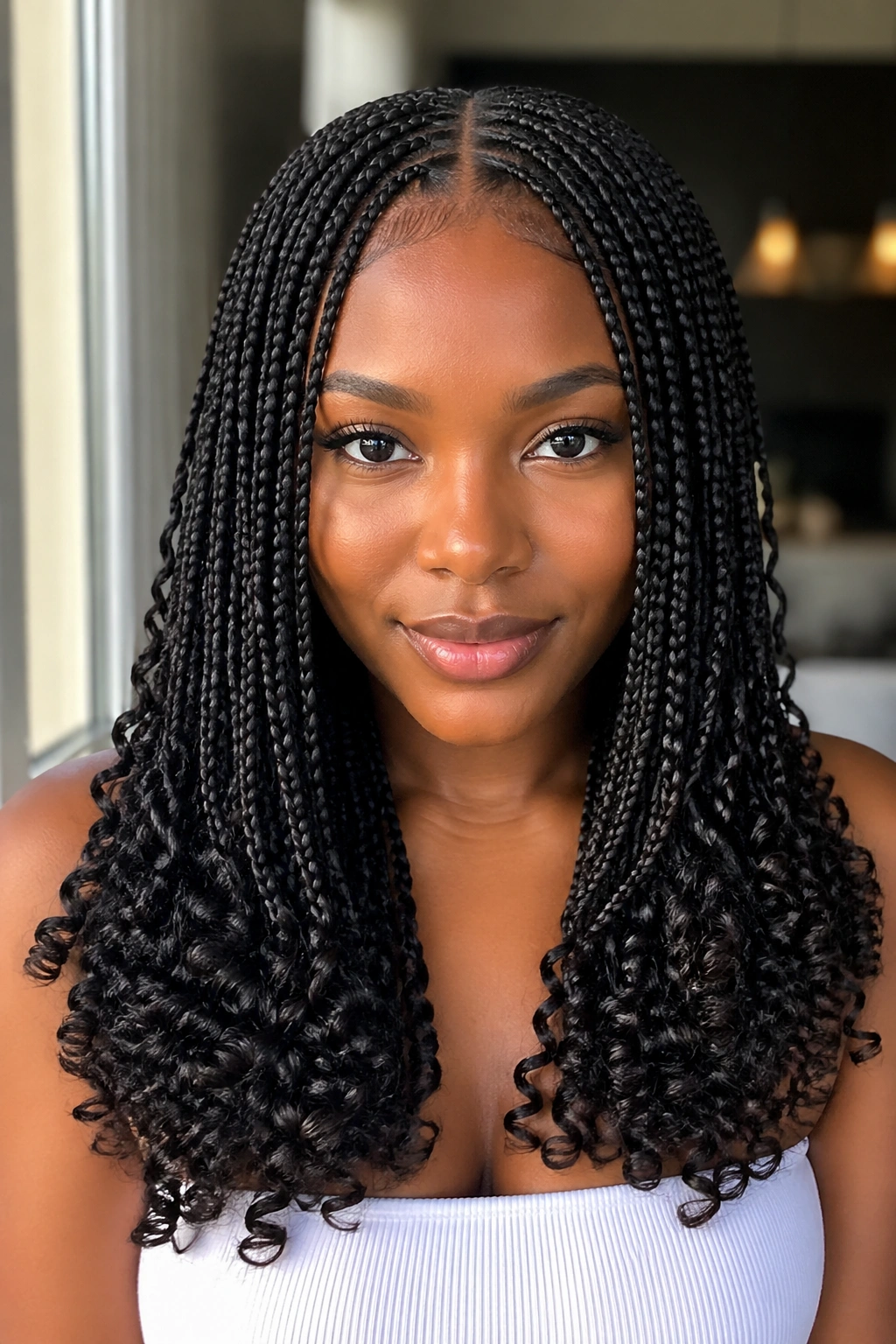 Real woman with a clean center-part knotless braid look and symmetrical curls