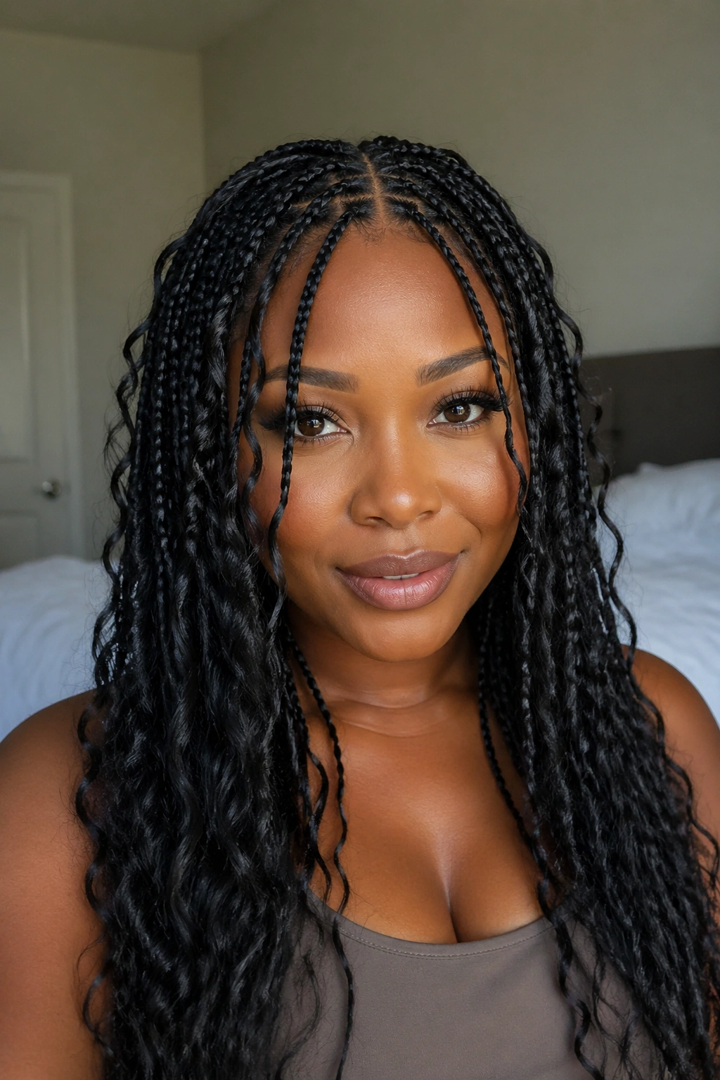 Close-up portrait of a real woman with center-part butterfly braids and face-framing pieces