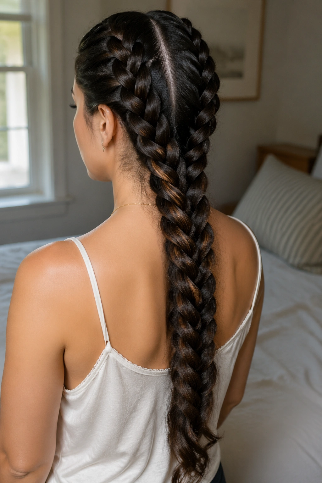 Close-up of a real woman with a center-part dragon braid down the back in warm window light