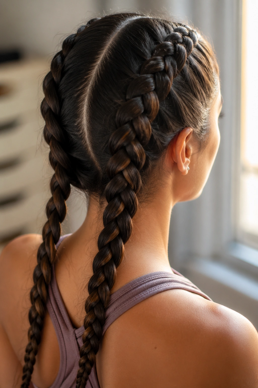 Close-up of a real woman with a center-part Dutch braid down the back in natural light