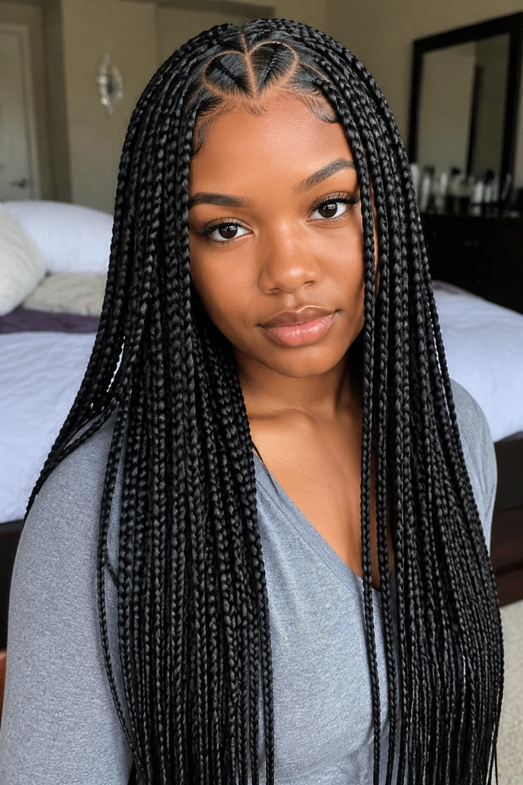 Close-up of waist-length knotless box braids forming a center-heart at the hairline on a real person