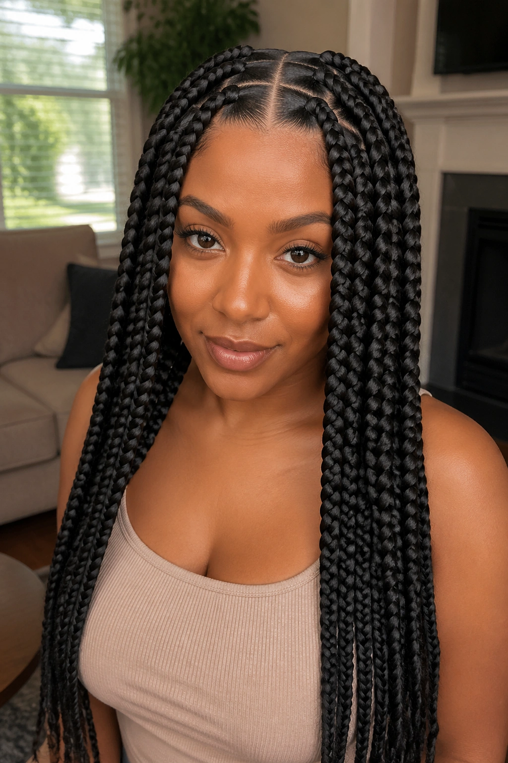 Portrait of a real woman with a straight center-part and squared jumbo braids