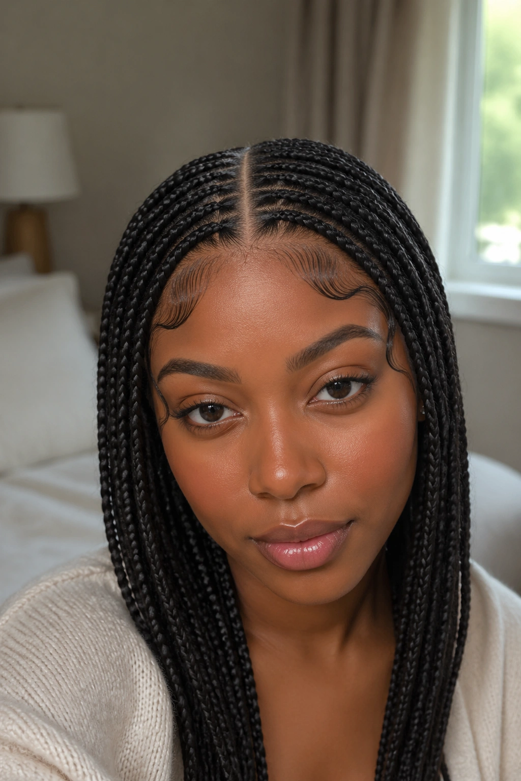 Close-up of knotless box braids with a center part and temple swirls on a real woman.