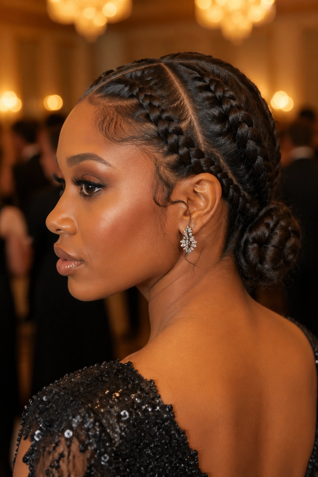 Close-up of a real woman with center-part double lace braids forming a sculpted knot