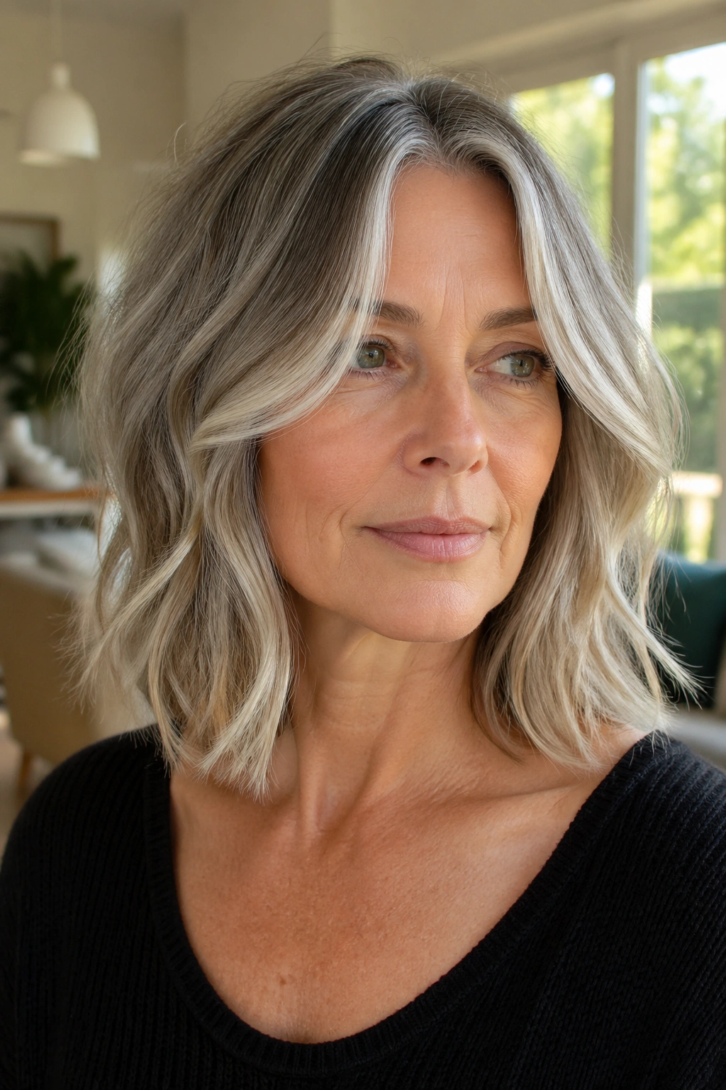 Center-part lob with curtain lift on a real woman in a bright living space