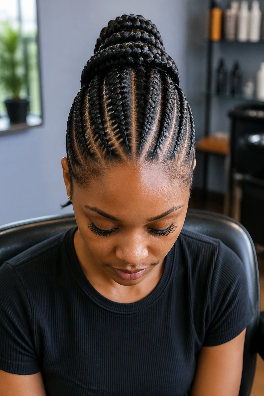 Close-up portrait of a real woman with center-part feed-in Mohawk braids on type-4 hair