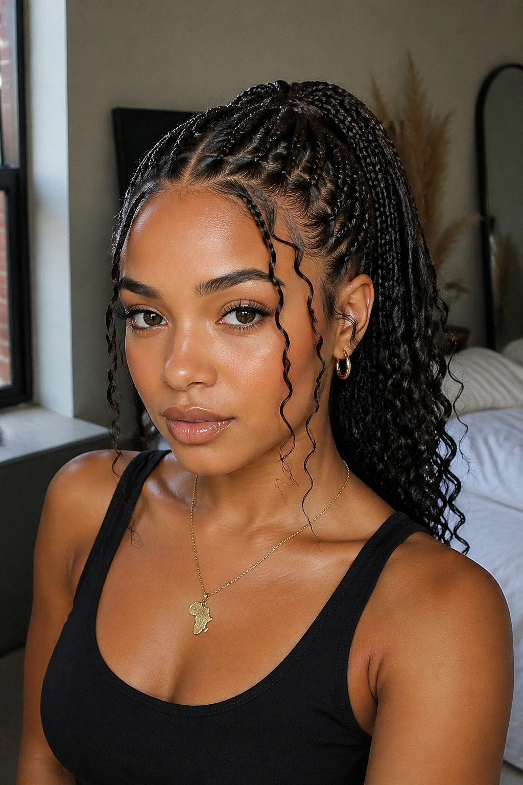 Real woman with sleek center-part boho ponytail and wispy front pieces in natural light