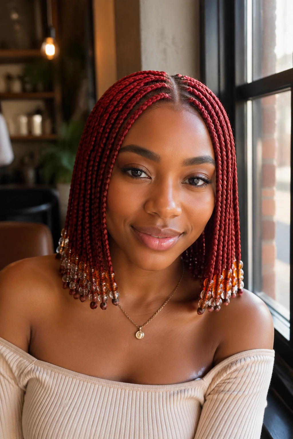 Real person with center-part red box braids and symmetrical bead ends.