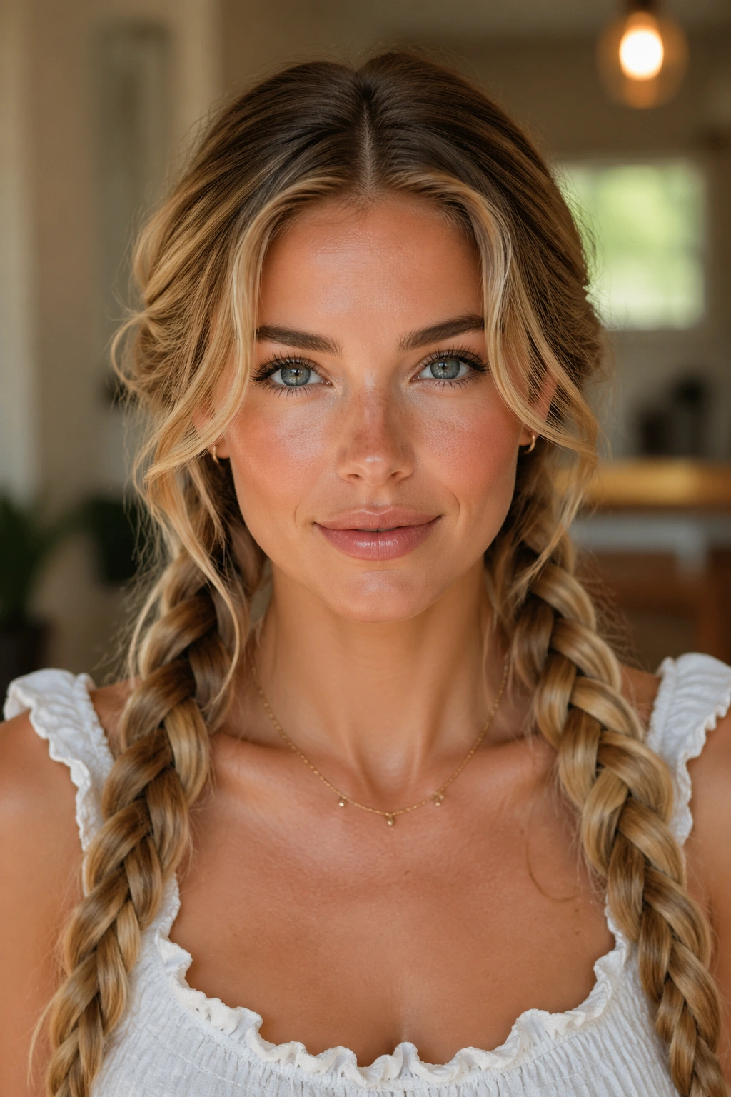 Front portrait of person with center-part rope braid pigtails