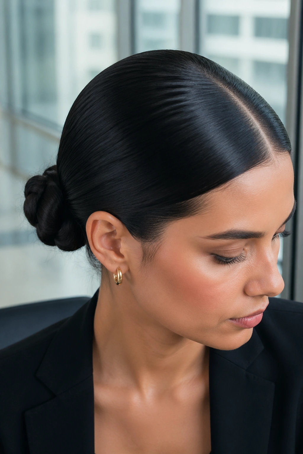 Close-up of real woman with center-part rope braid bun in modern office