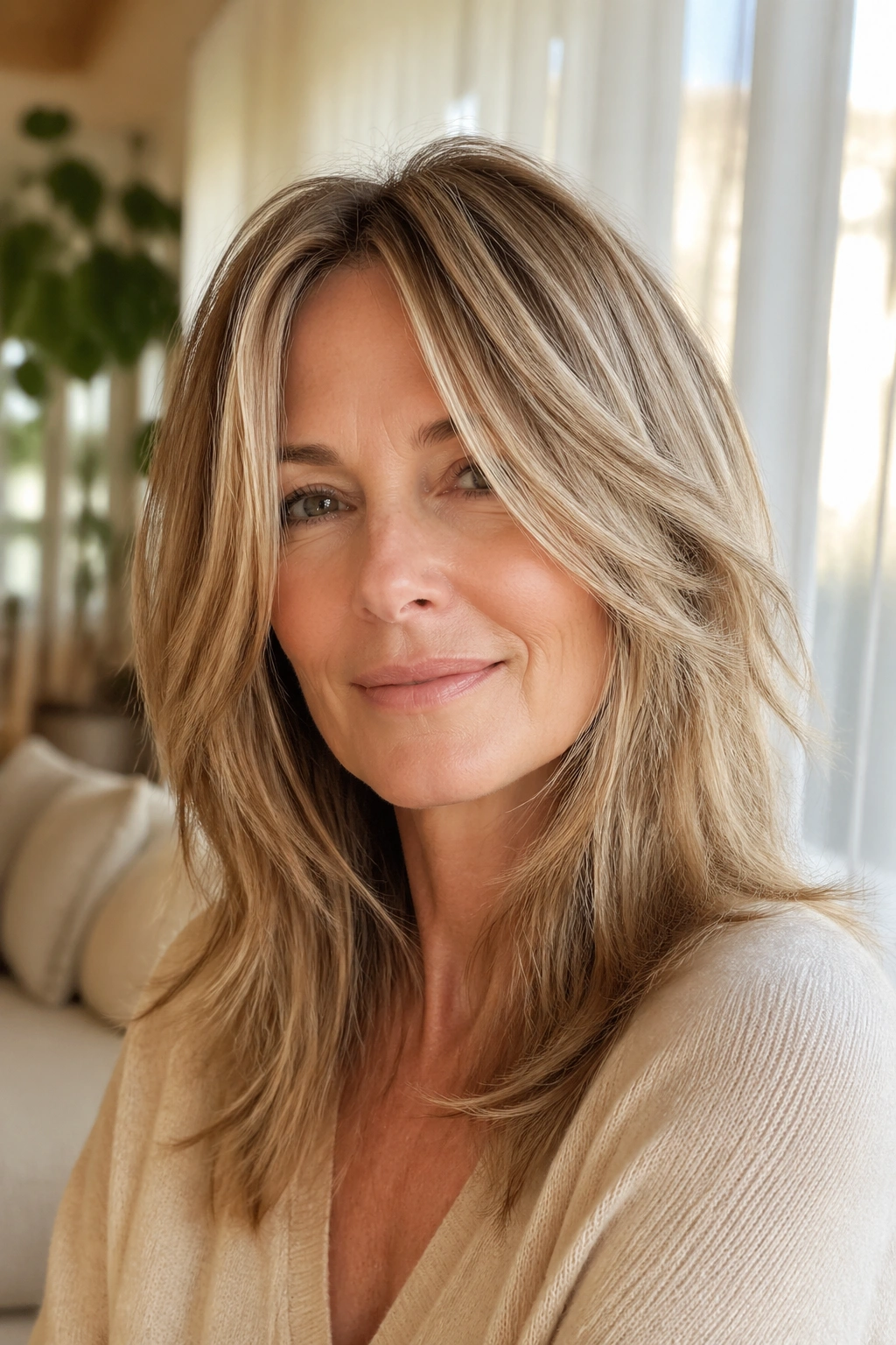 Portrait of a real woman with center-part shag and long curtain pieces framing her face
