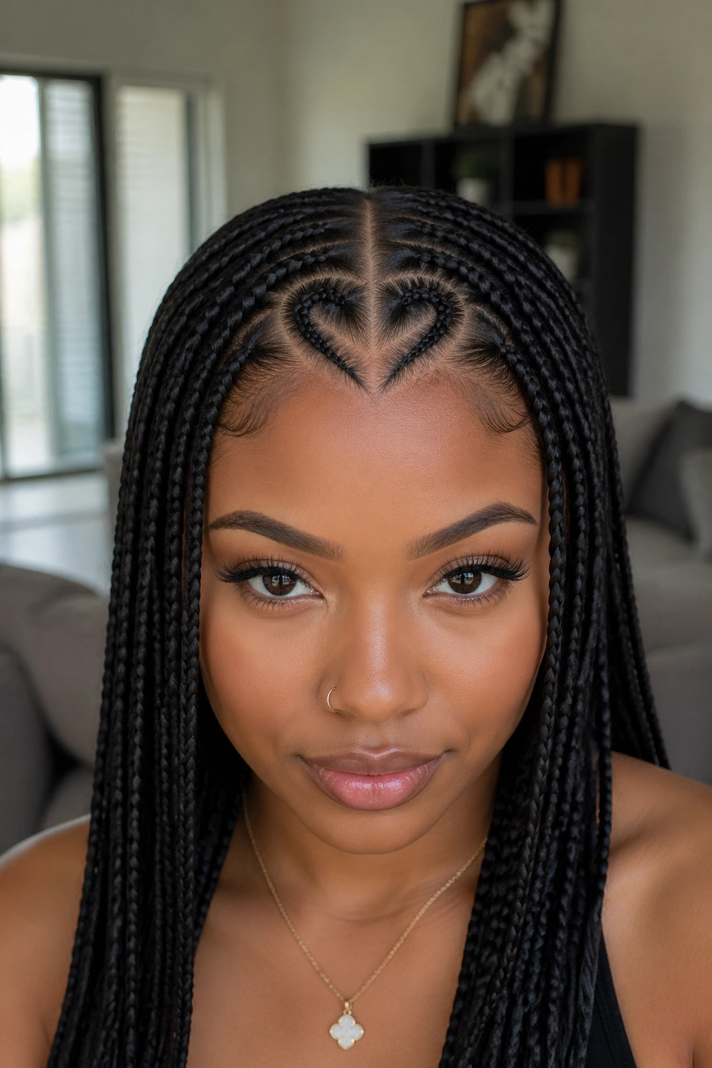Close-up of a real person with a center-part box braid forming a stitched heart at the front.
