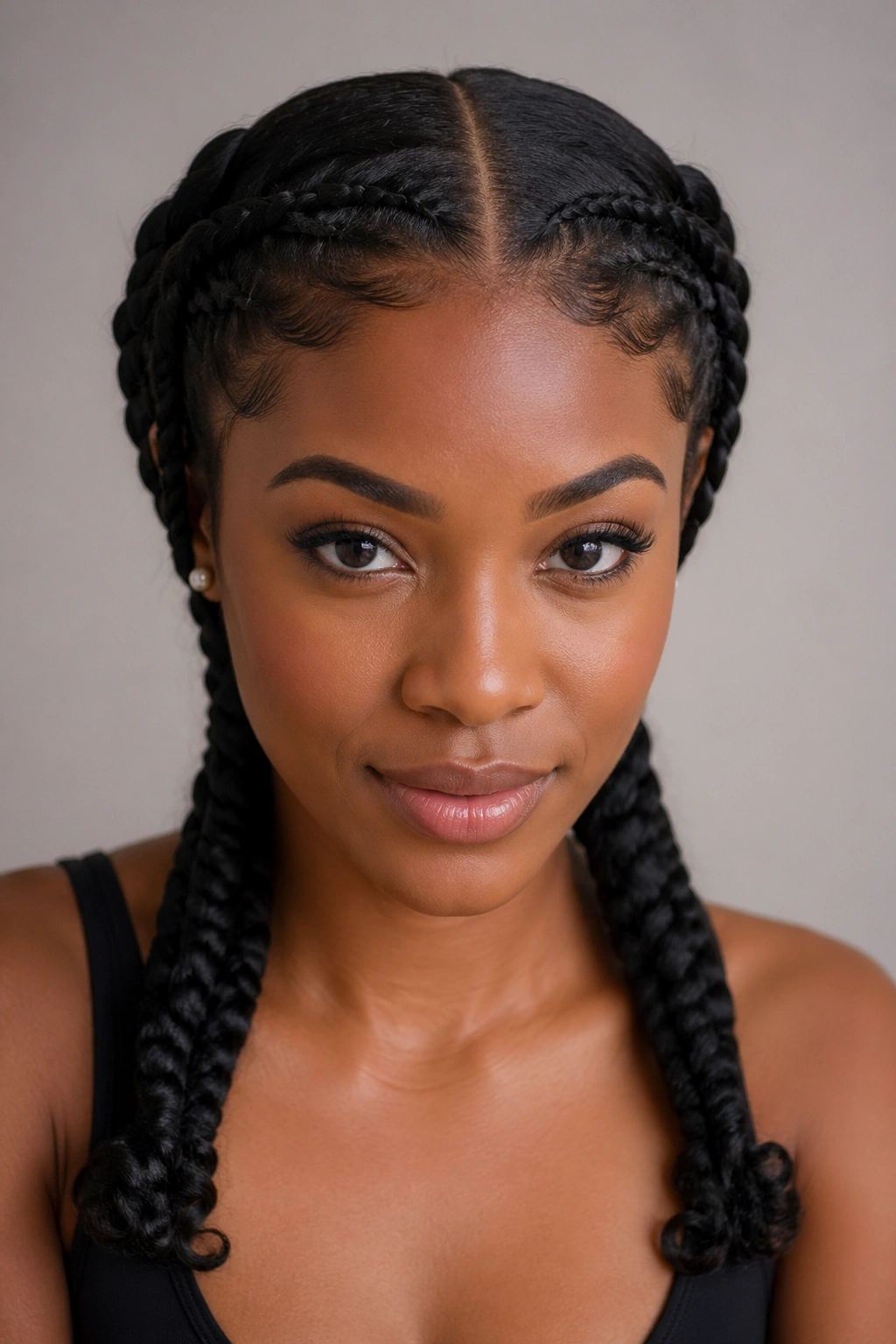 Close-up of a real Black woman's head with Type 4 hair showing center-part twin lace braids
