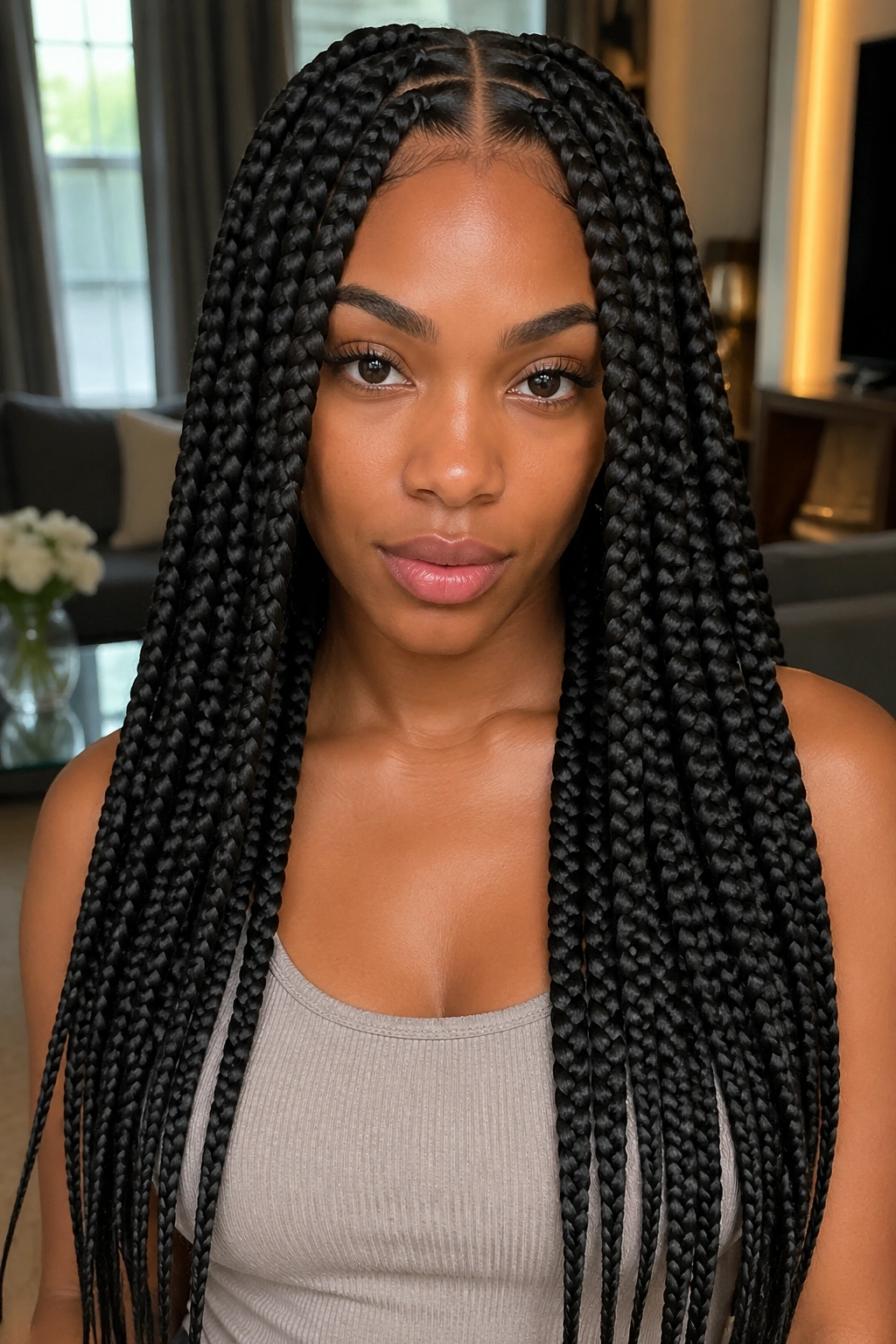 Close-up of a real woman with center-part waist-length jumbo feed-in braids in a sunlit living room
