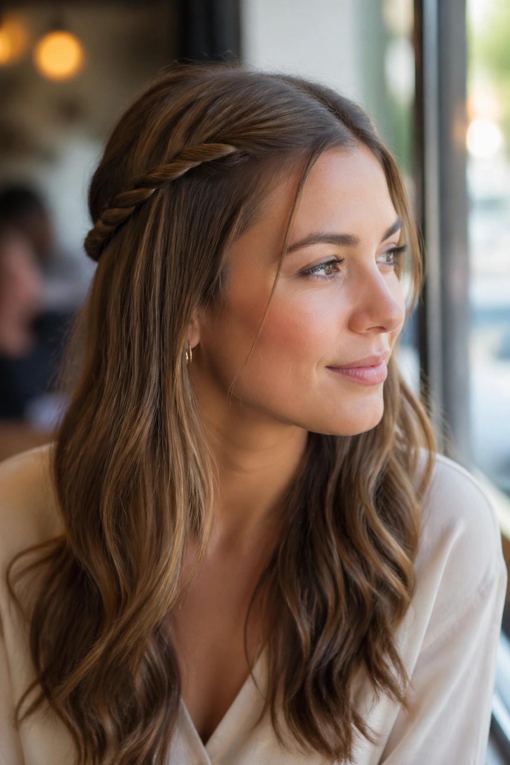 Close-up of a real woman with a center rope twist hairstyle in cafe light
