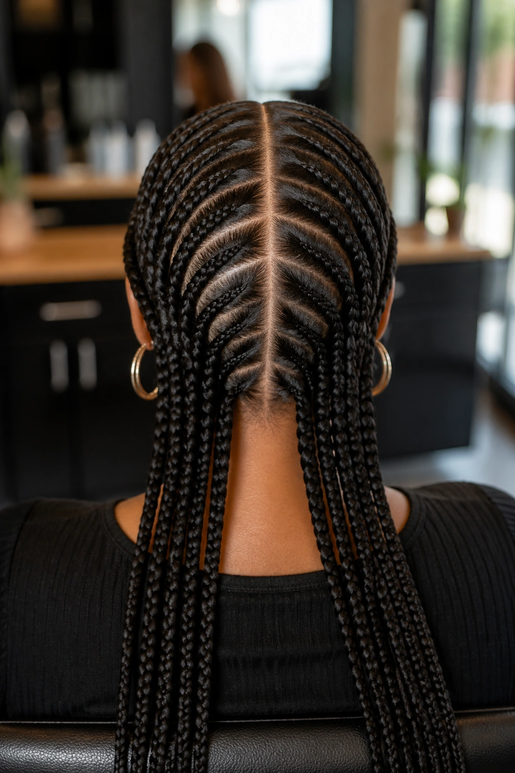 Close-up of scalp with center spine parting in braids