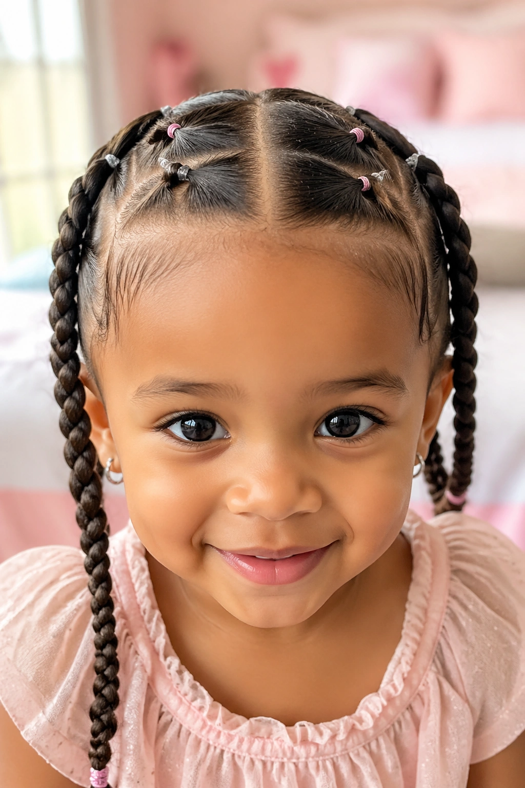 Close-up of toddler with center-part rubber band braids and tiny elastics