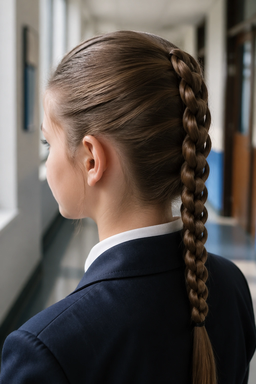 Close-up of real person with a chain braid down the back of the head