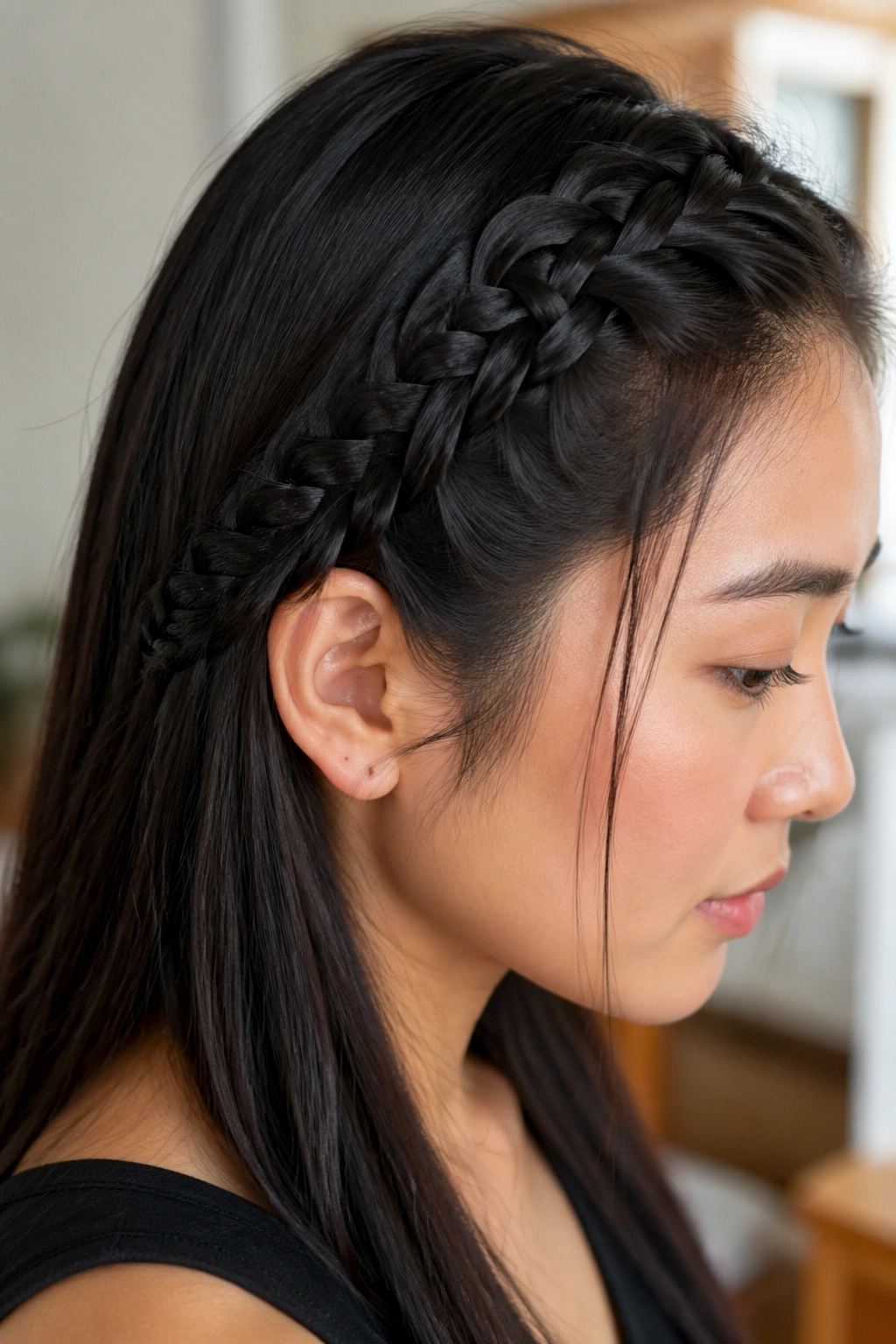 Close-up of a real person with a chain-link braid along the head