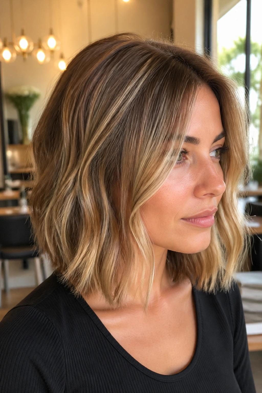 Close-up portrait of a real woman with champagne babylights on a shoulder-length lob