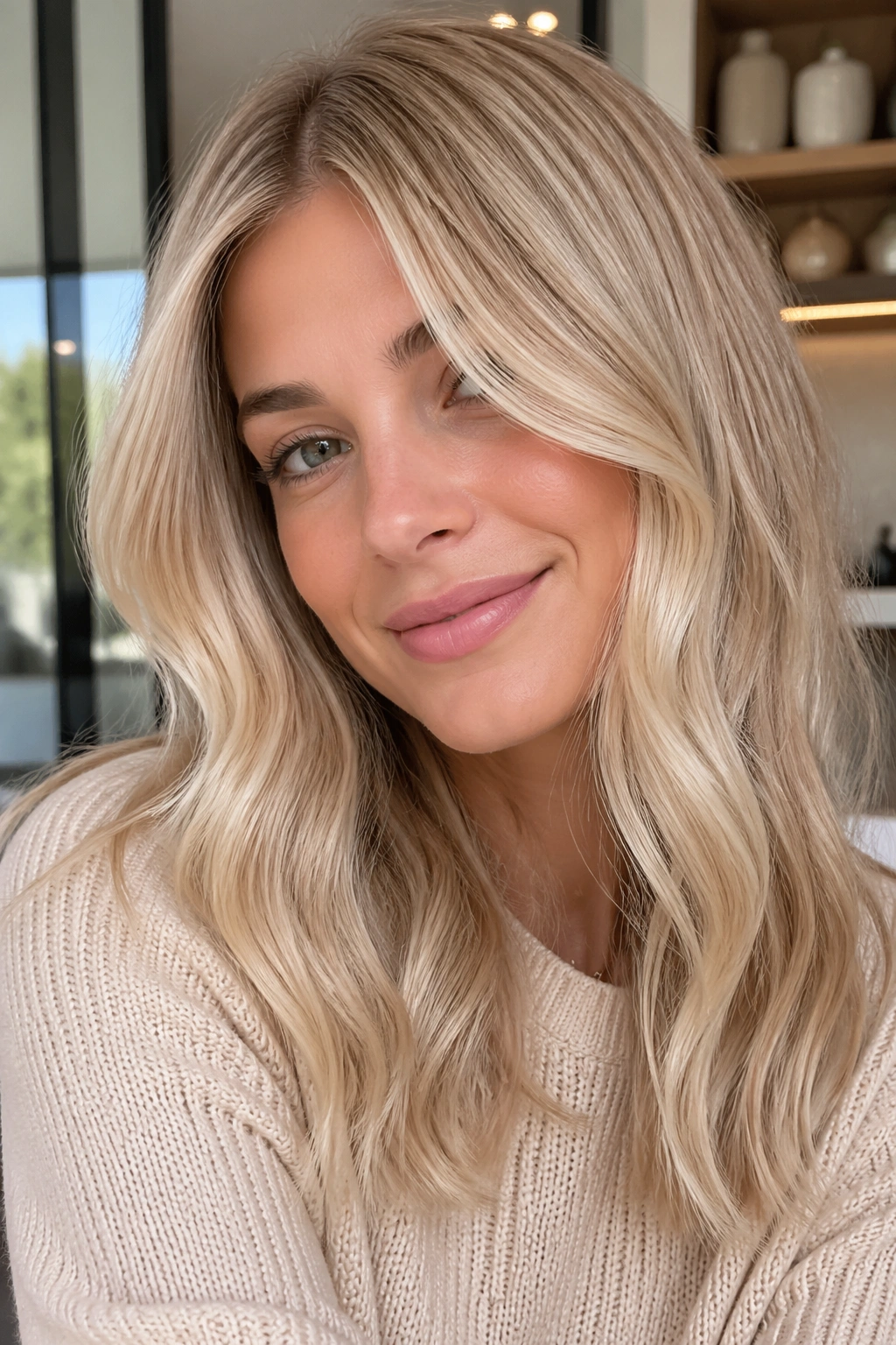 Close-up portrait of champagne beige blonde on a real person.