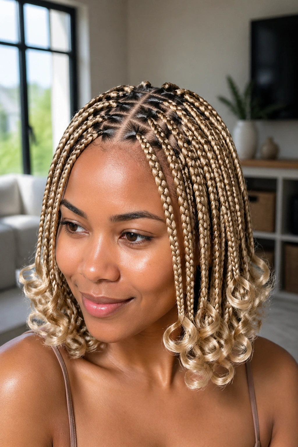 Real woman with champagne blonde braids and diamond-part styling