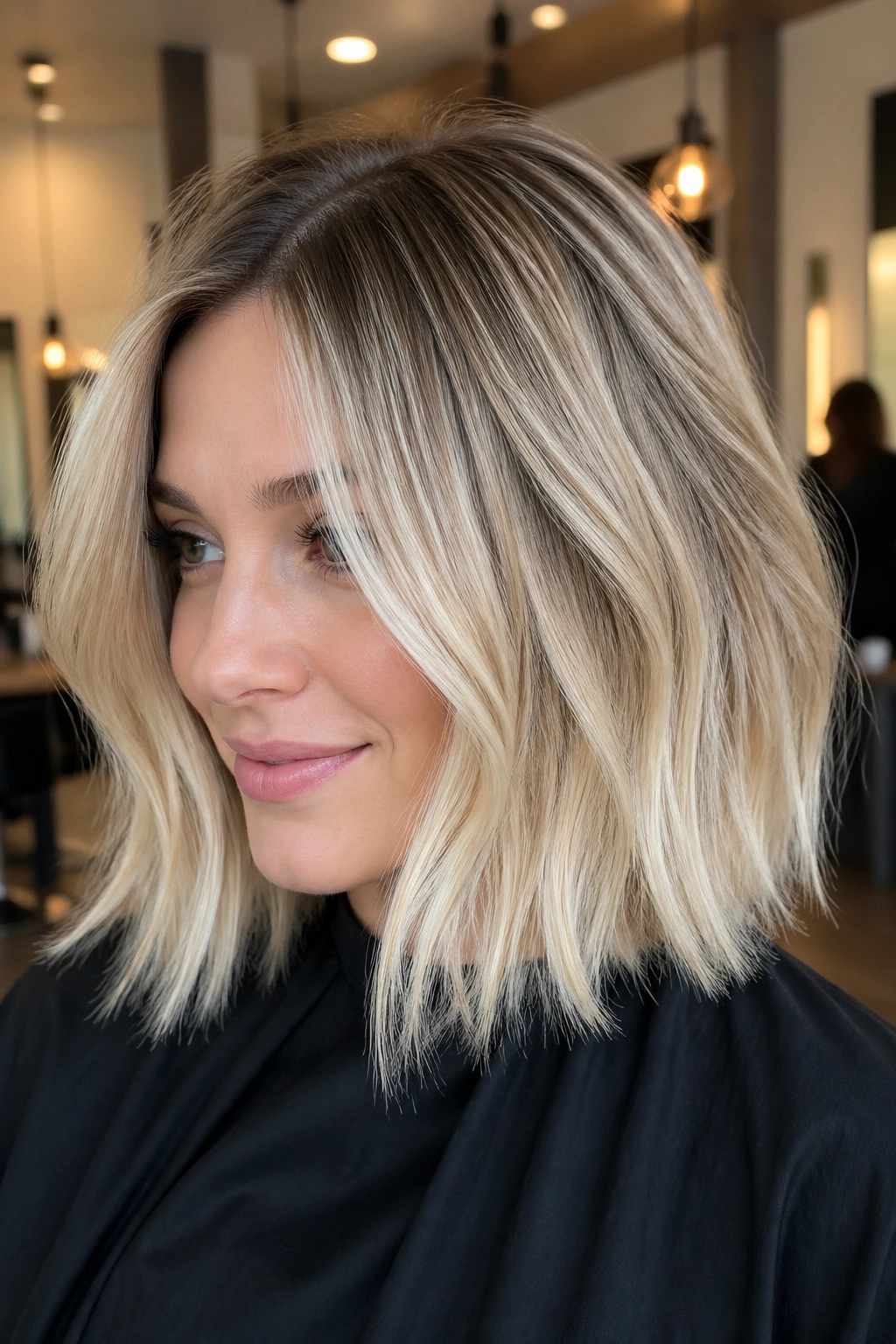 Close-up portrait of a woman with champagne blonde lob and soft root tap.