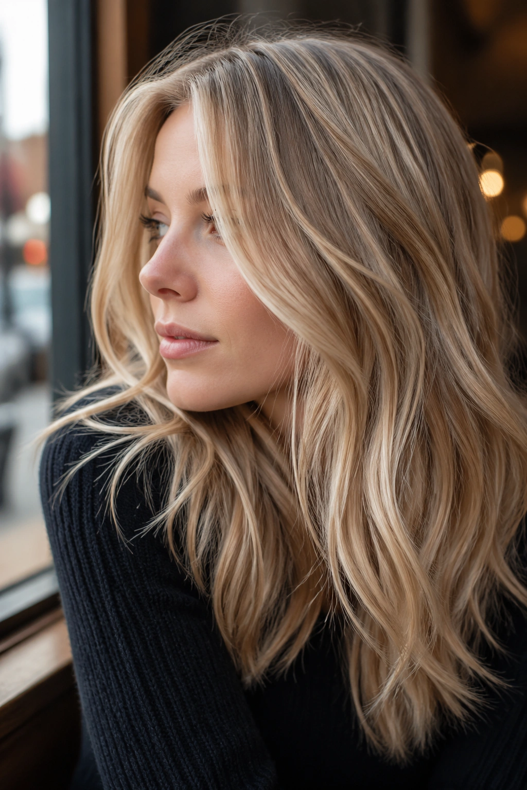 Portrait of a real woman with champagne blonde hair and taupe lowlights at a cafe window