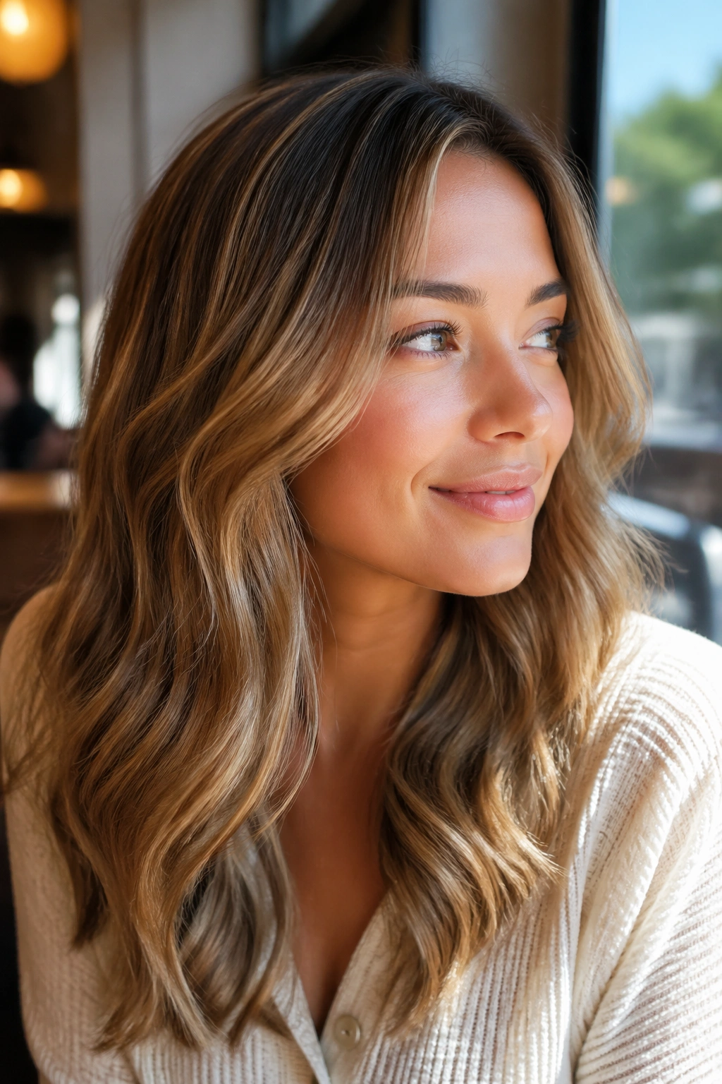 Real woman with light brown hair and champagne gloss highlights in natural light