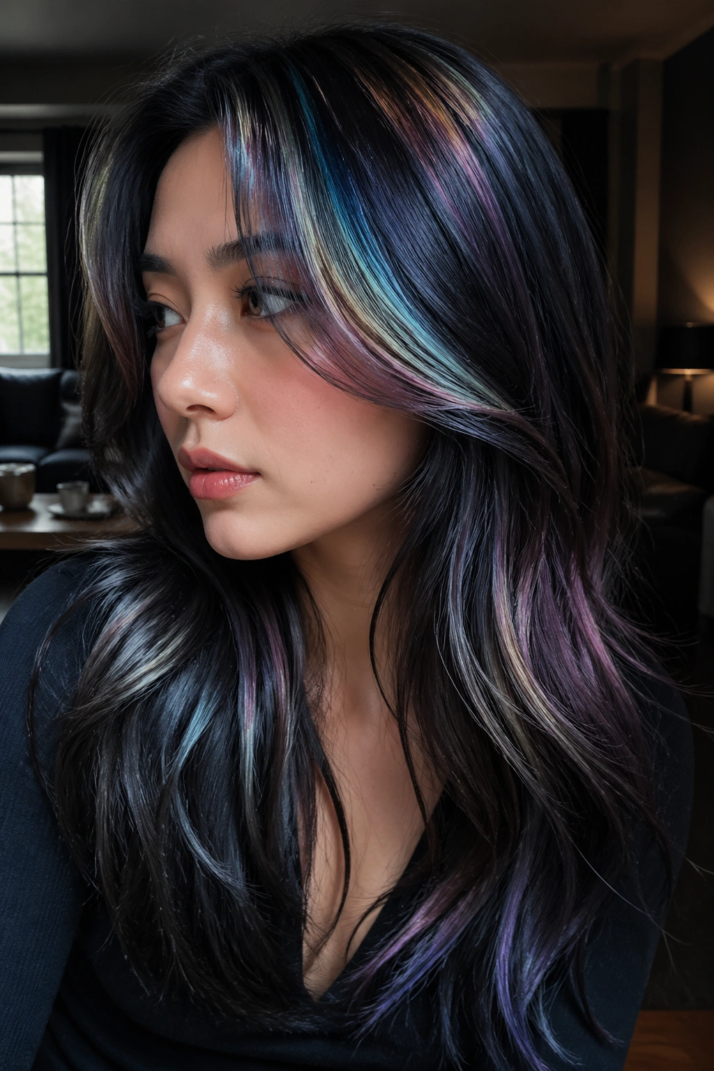 Charcoal base hair with rainbow veil visible as subtle flashes