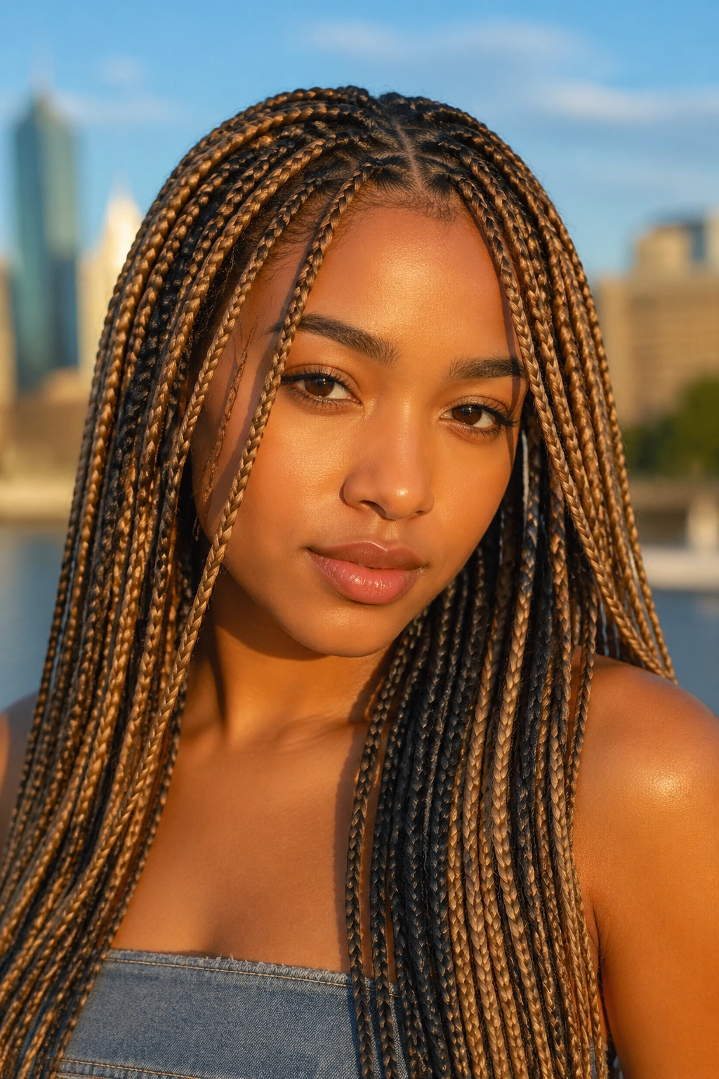 Close-up of a real woman with honey blonde braids and charcoal peekaboo panels under.