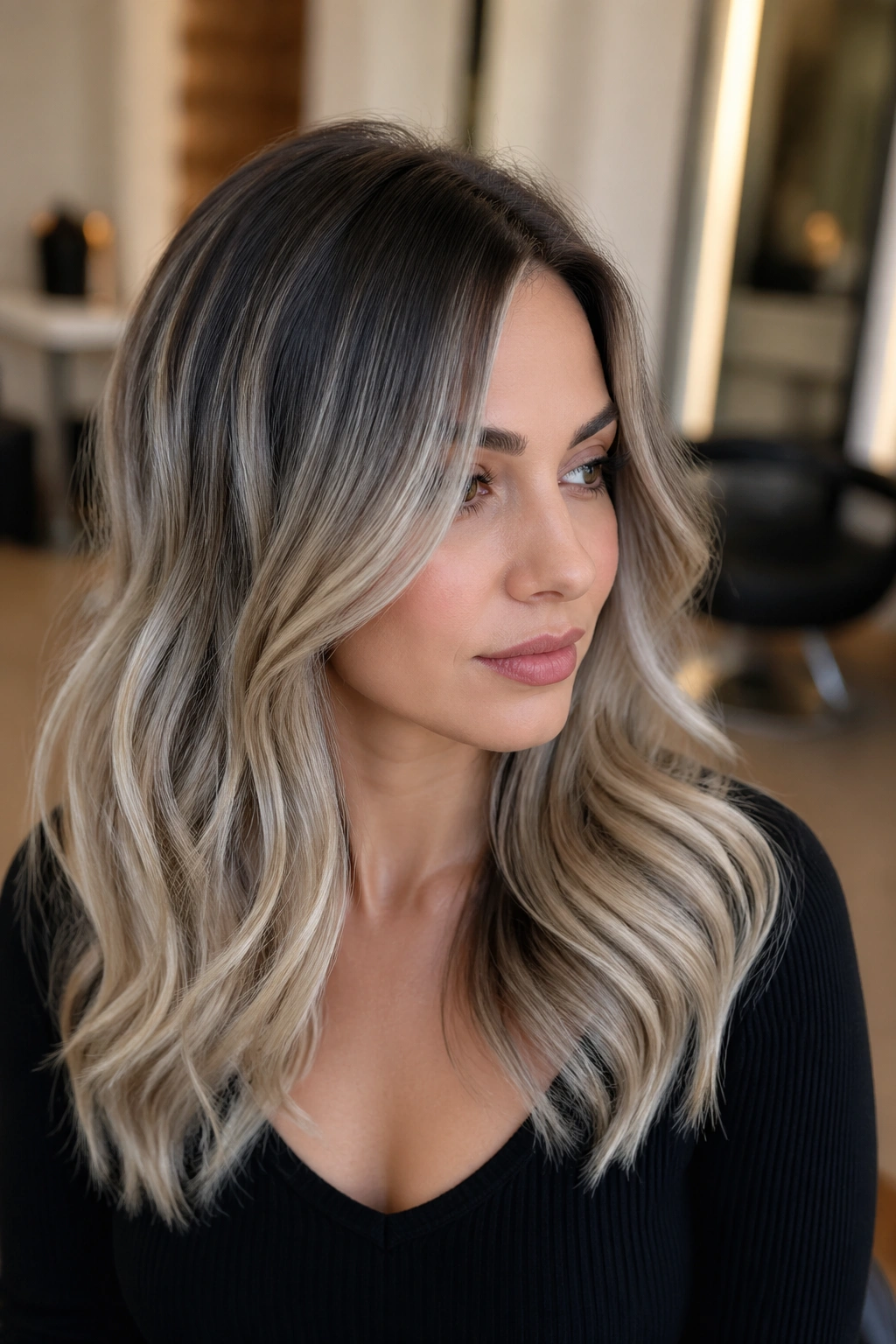 Medium close-up of a real woman with charcoal-root melt into ash blonde in a salon setting