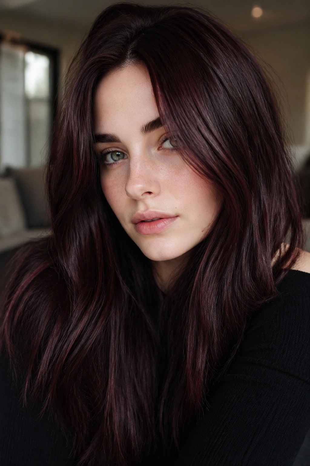 Close-up portrait of Cherry Cola Brown hair with glossy red reflections on pale skin