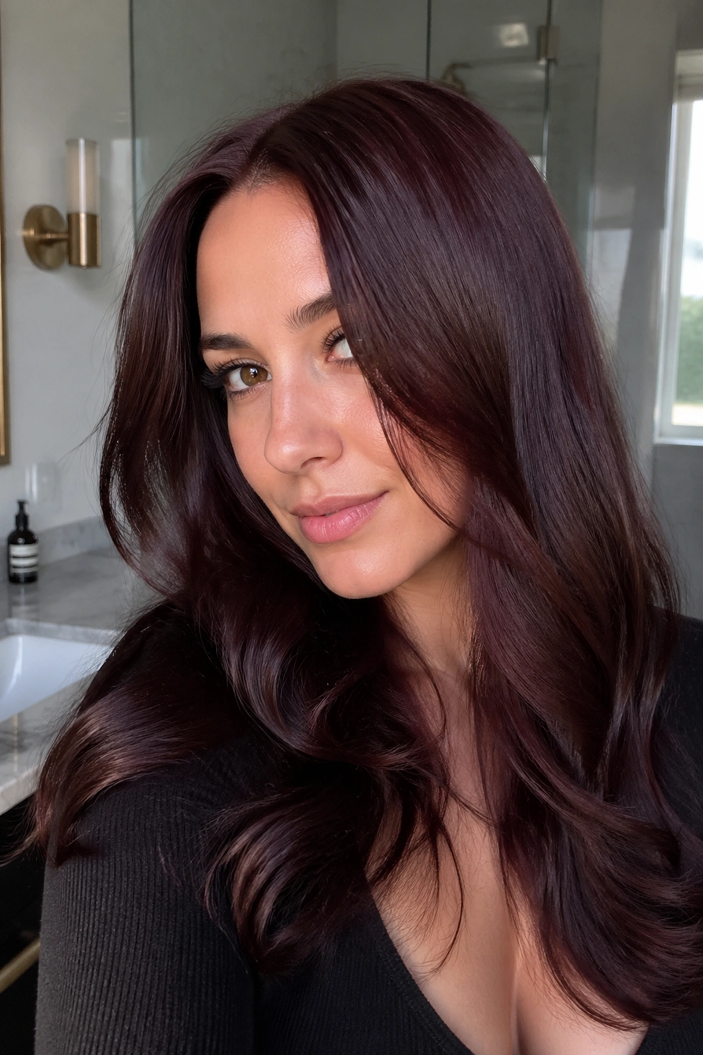 Close-up portrait of a woman with cherry cola brown hair in glossy light