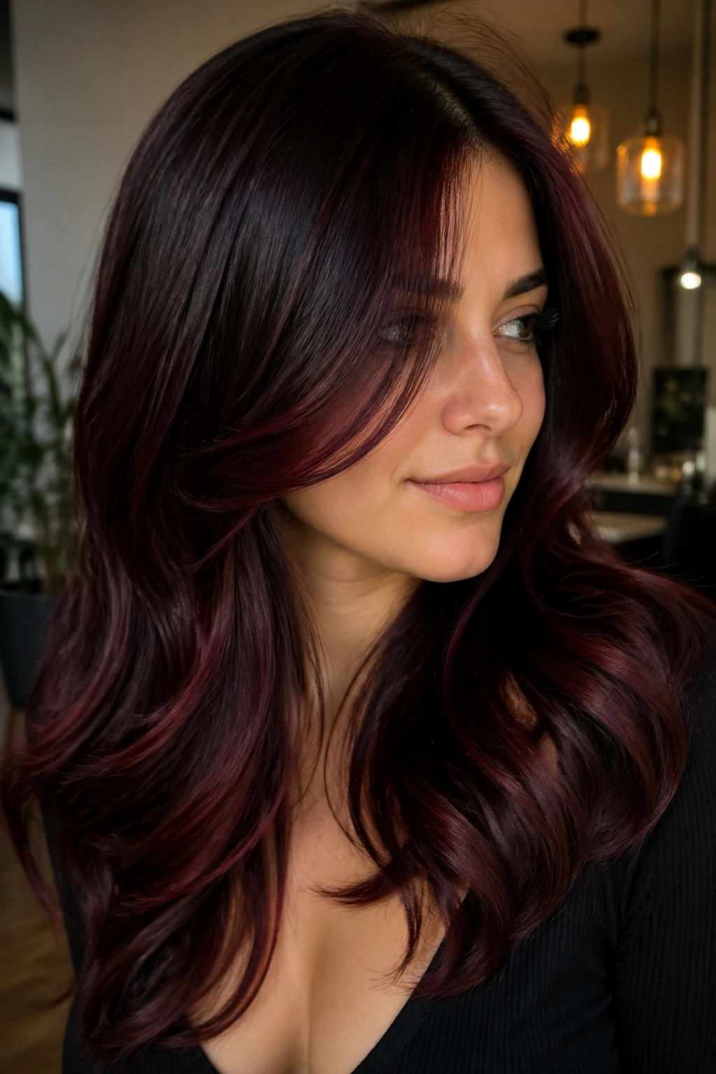 Close-up portrait of a woman with cherry cola brunette hair color