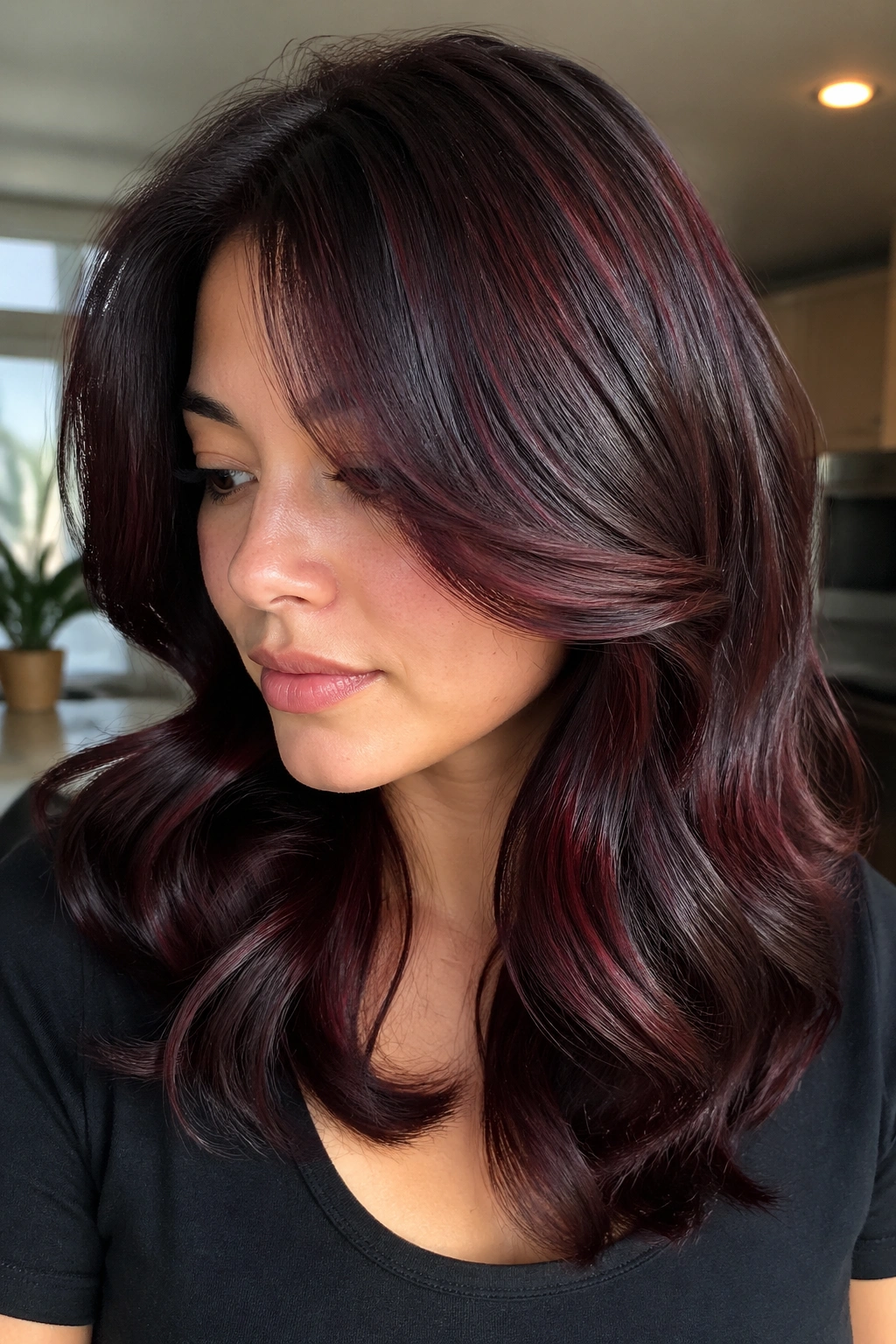 Close-up portrait of a real person with cherry cola gloss hair in natural window light