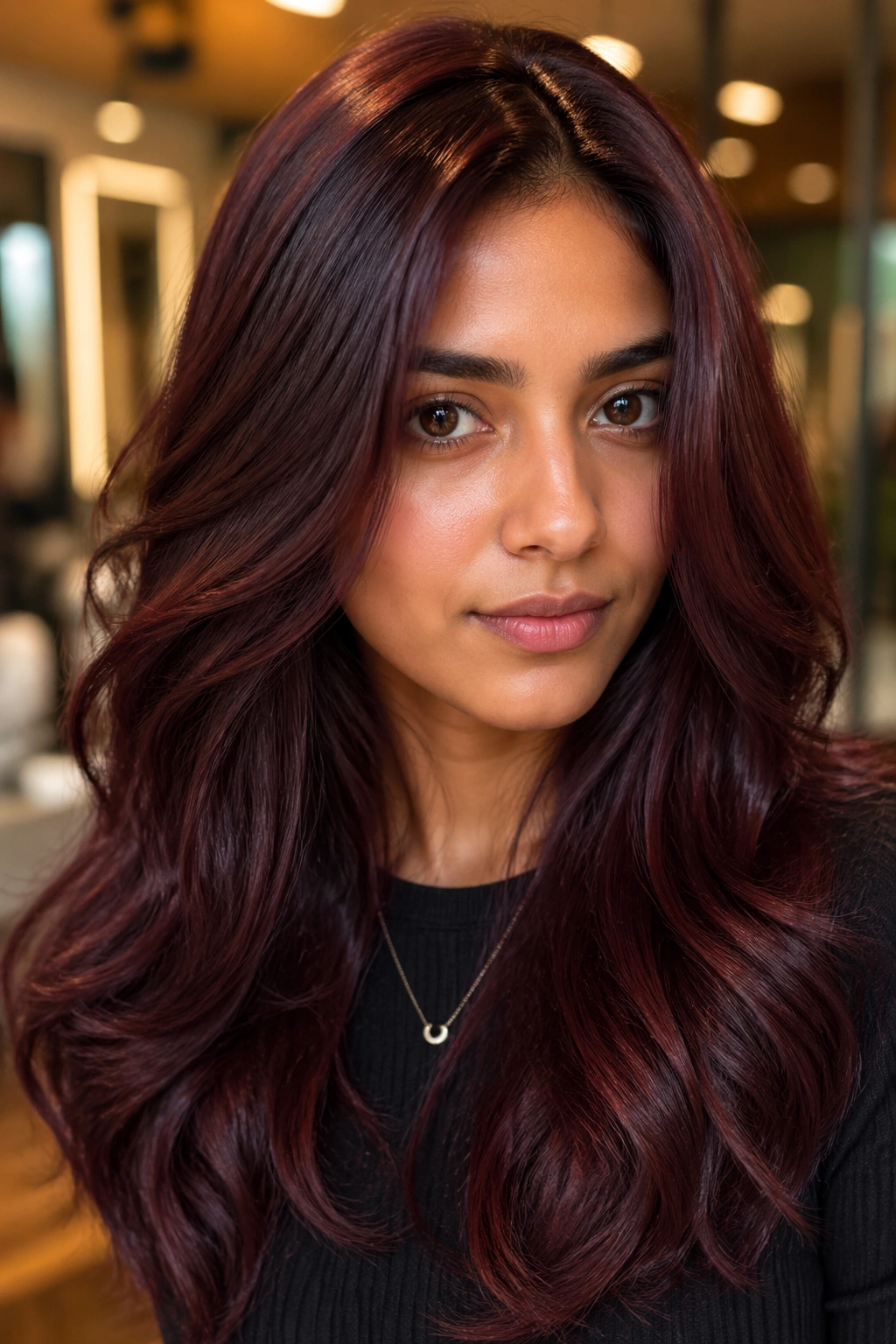 Close-up of a real woman with cherry cola hair in salon lighting