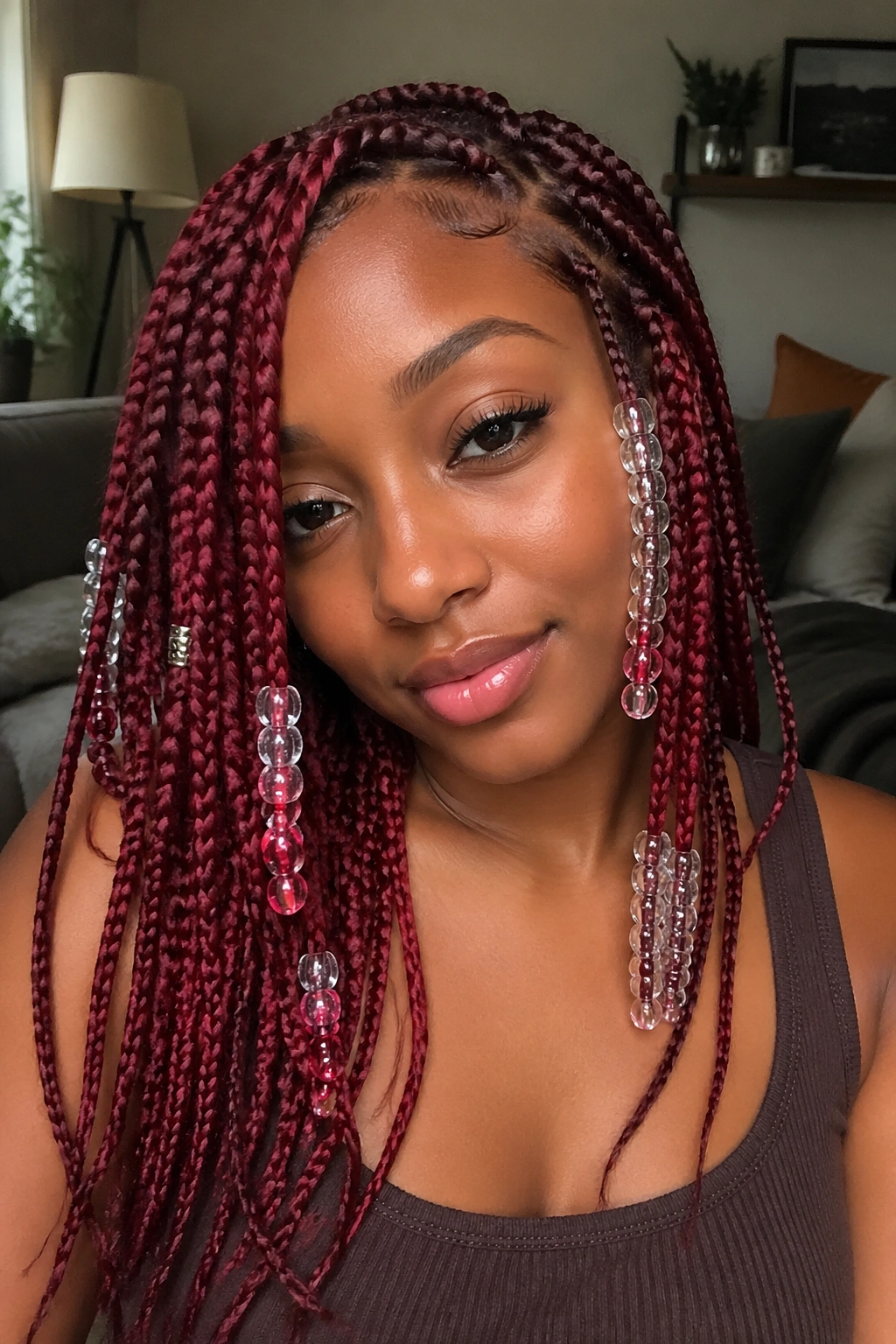 Face-framing cherry-red knotless braids with beads on a real person
