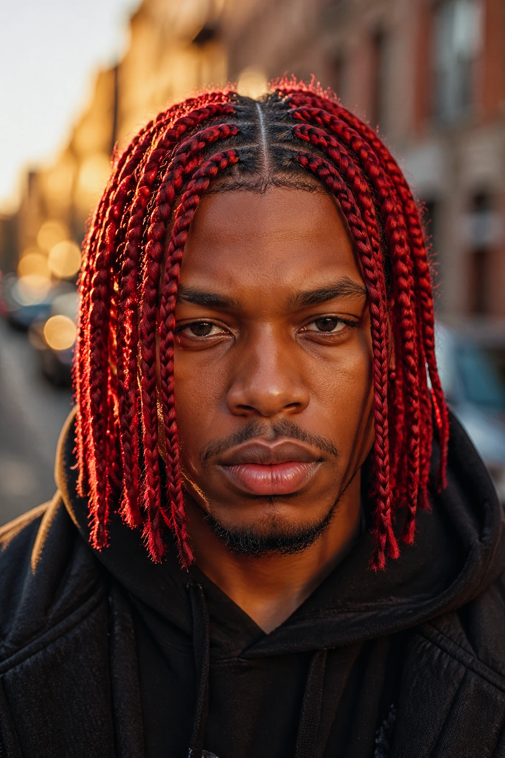 Close-up of a real man with cherry red braids and a middle part