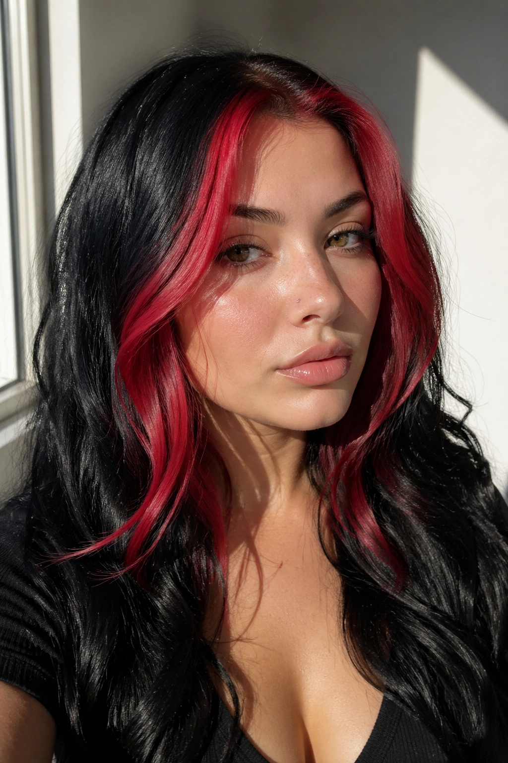 Real person with jet-black hair and cherry red face-frame pieces