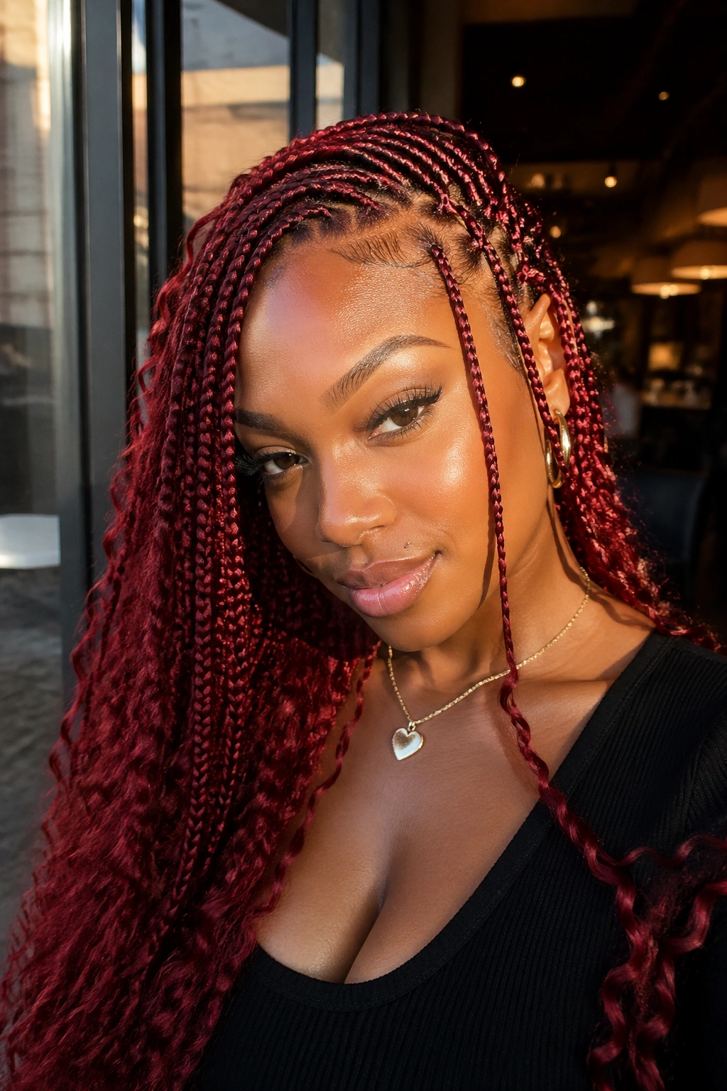 Close-up of a real woman with cherry-red knotless braids and face-framing pieces