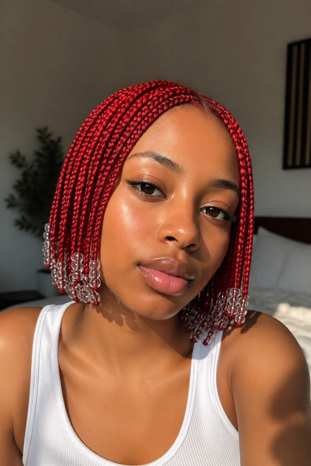 Close-up portrait of a real person with cherry red micro box braids and clear beads.