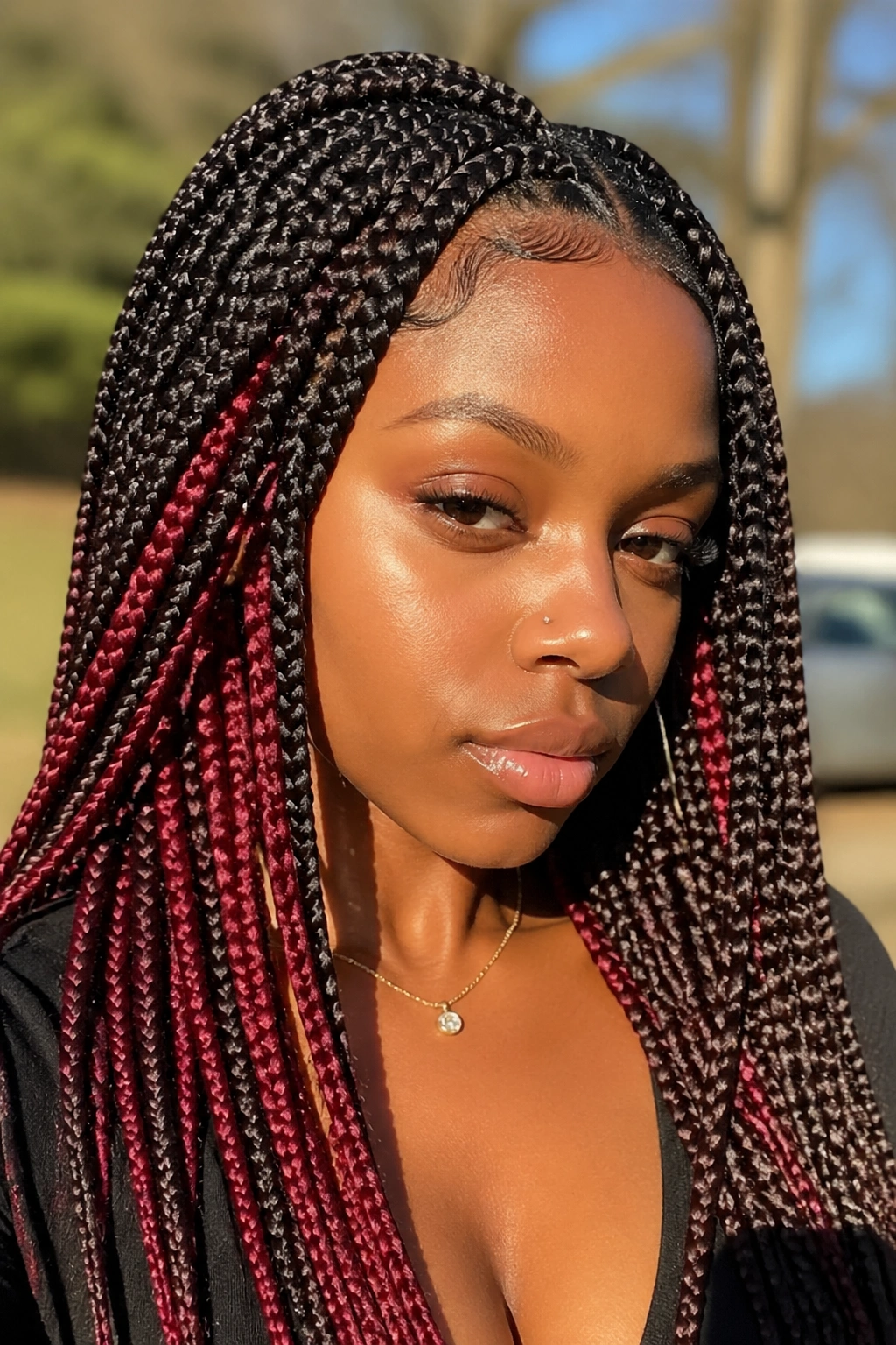 Real woman with cherry red peekaboo knotless braids showing red beneath the dark top layer