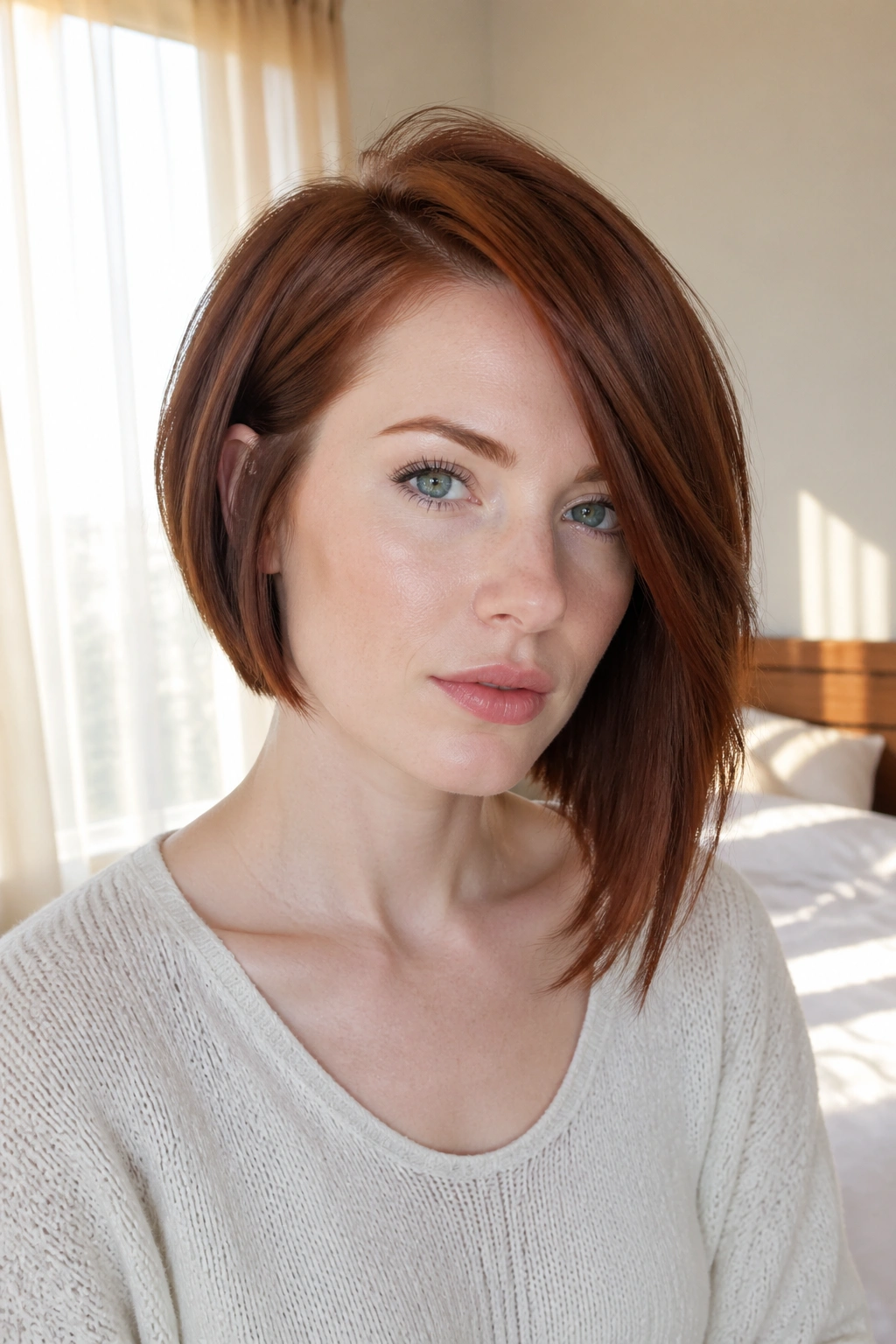 Close-up of a real woman with chestnut auburn asymmetrical lob hairstyle in natural window light
