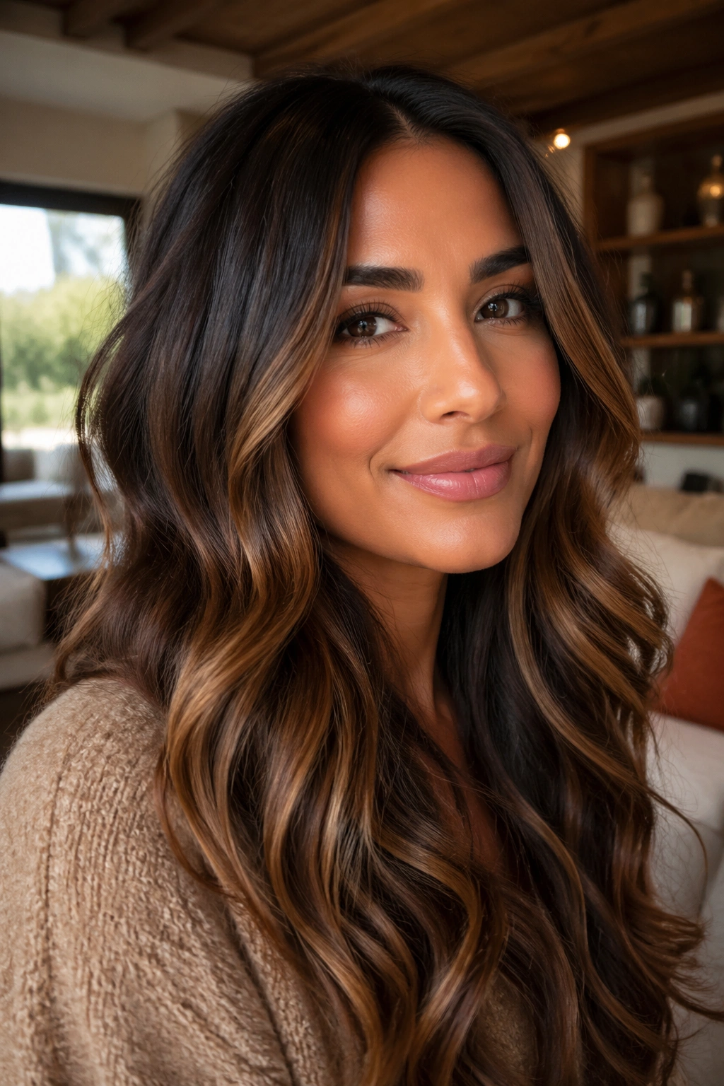 Close-up of real woman with chestnut balayage around face