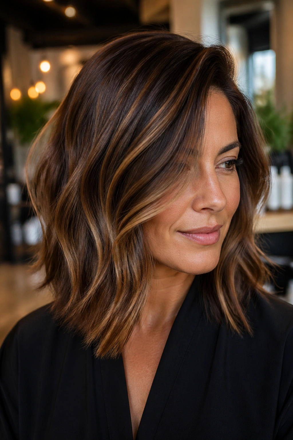 Close-up of real person with chestnut balayage on a deep side-part lob