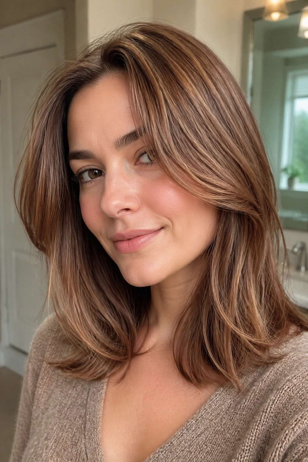 Close-up of Chestnut Beige Brown hair with soft beige and subtle red glow.